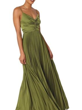 Olive Green Pleated Maxi Dress with Ruched Bodice
